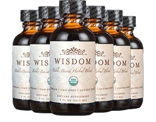 Wisdom Bible-Based Herbal Blend supplement bottles — three amber glass dropper bottles with USDA Organic seal